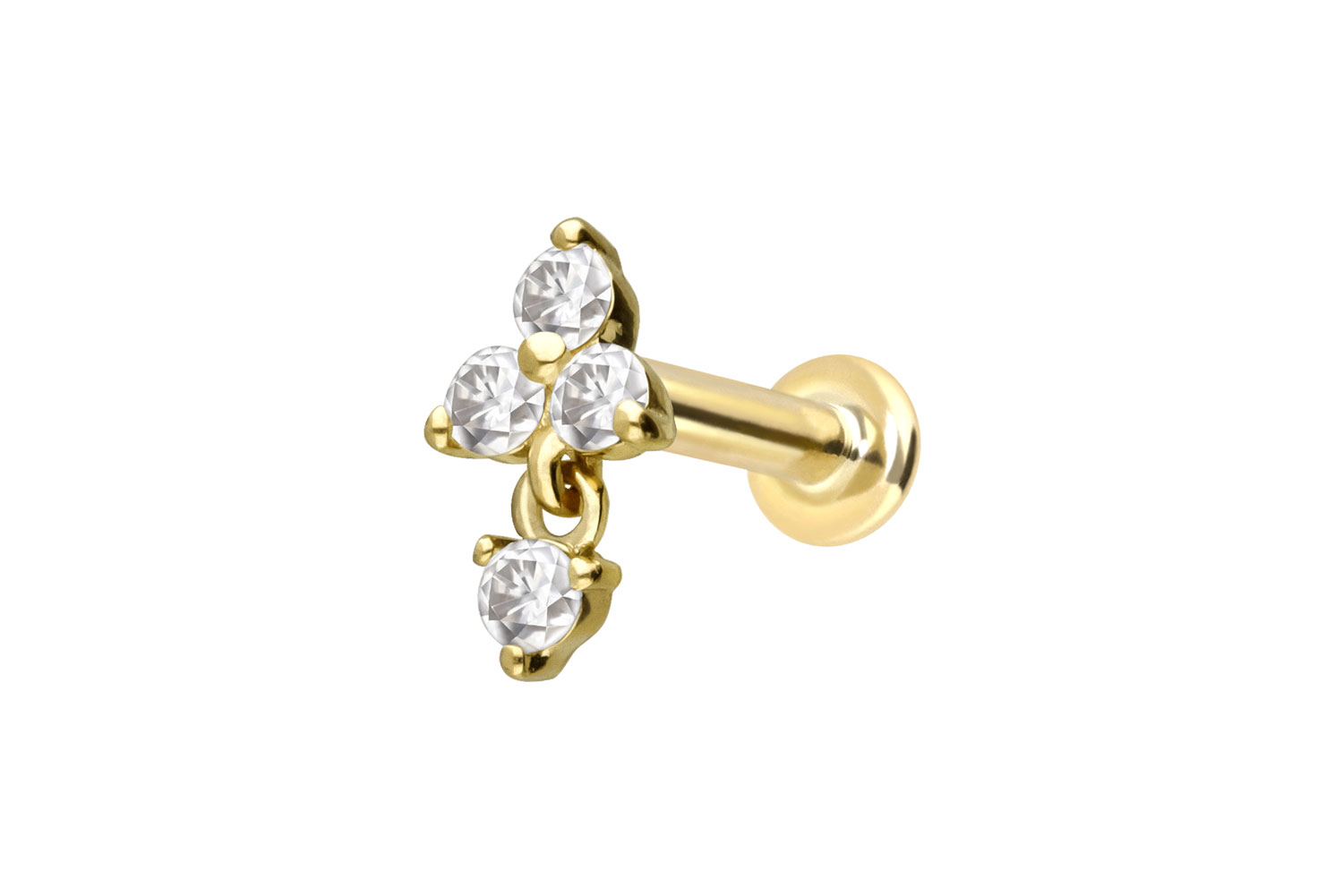 14 Karat Gold Labret Piercing mit Push Fit MOISSANIT-BLUME + MOISSANIT